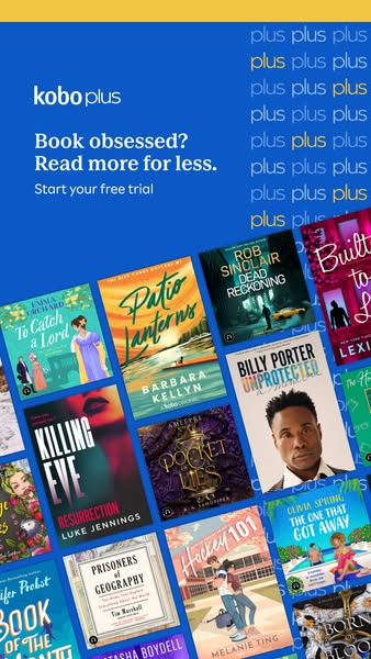 This ad for Kobo Plus features book covers with the text “Book obsessed? Read more for less. Start your free trial” in t