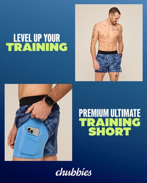 This ad shows the Chubbie's premium ultimate training short. The ad focuses on the fit, material, and phone pocket o