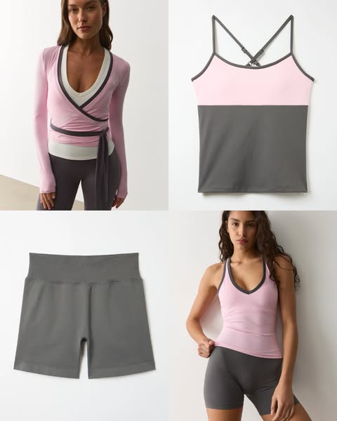 This ad features 4 images of athletic wear pieces in pink and gray. The clothing includes a wrap top, tank top, and athl