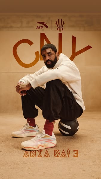 This image ad showcases the ANTA KAI 3 basketball shoes, endorsed by Kyrie Irving. The ad features Irving seated on a ba
