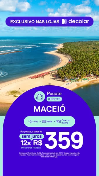 This image ad promotes a travel package to Maceió, Brazil, offered by Decolar. The ad features a scenic aerial view of a