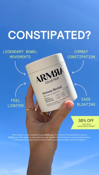This ad promotes ARMRA Colostrum Immune Revival as a solution for constipation and bloating. It highlights the product&#
