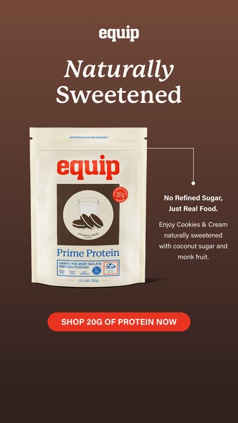 This image ad promotes Equip's Cookies & Cream Prime Protein powder, emphasizing its natural sweeteners and real