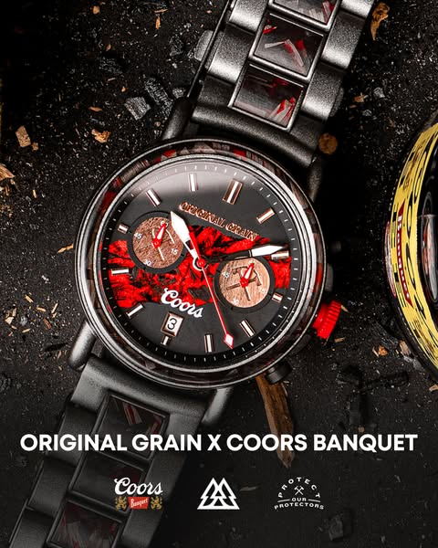 This ad showcases a watch collaboration between Original Grain and Coors Banquet. The watch features design elements ins