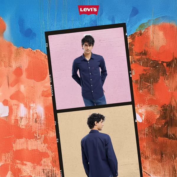 This image ad showcases a Levi's button-down shirt for men. The ad is set against a vibrant background with a collag
