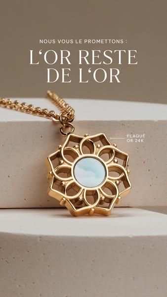 This ad showcases a gold pendant necklace. It highlights the brand's commitment to quality and the long-lasting beau