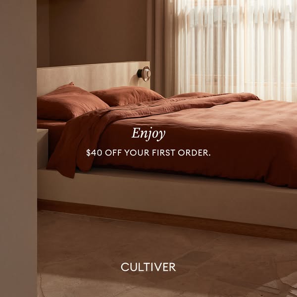 This image ad for Cultiver promotes a discount on the first order of their bedding. The ad features a close-up shot of a