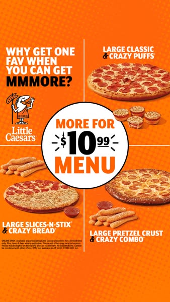 This ad for Little Caesars showcases the restaurant's $10.99 menu with a split screen layout. Each of the four quadr