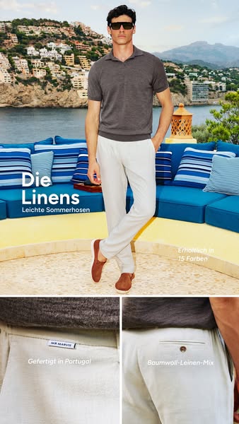 This image ad showcases linen pants with a focus on their light and summery feel, presenting them as a stylish and comfo