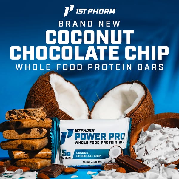 This ad promotes 1st Phorm's brand new Coconut Chocolate Chip Whole Food Protein Bars. The ad features the protein b