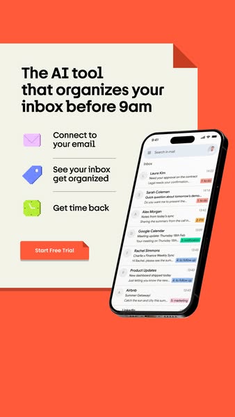 This ad is for an AI tool that organizes your inbox before 9am. It presents the AI tool via screen capture on a mobile p