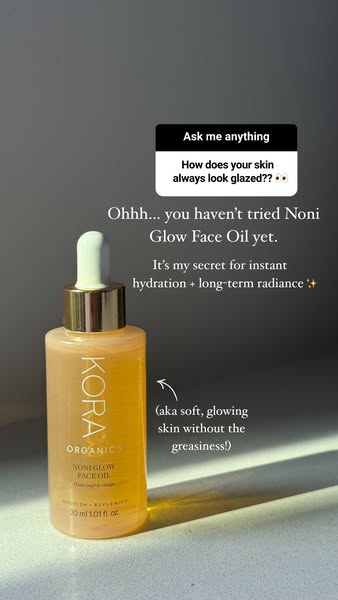 This ad features Kora Organics' Noni Glow Face Oil. It uses an 'ask me anything' format to address a questio