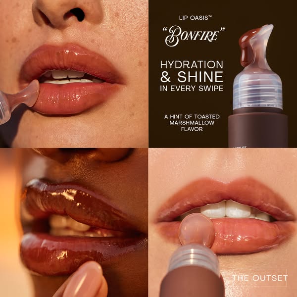 This image ad showcases The Outset's Lip Oasis in the "Bonfire" shade through a series of close-up shots o