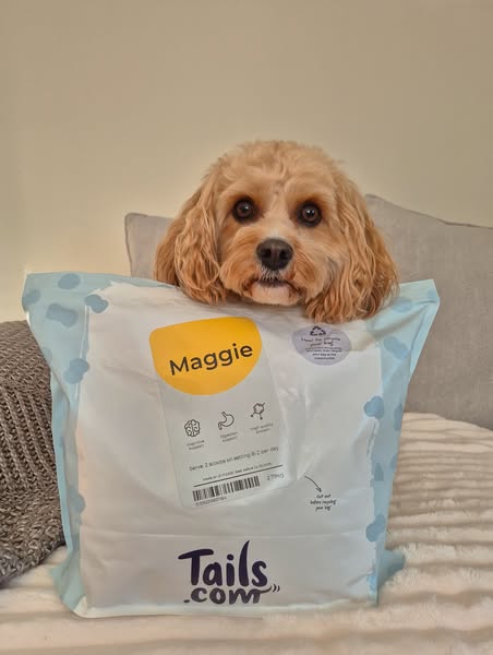 An image of a dog peeking out from behind a bag of Tails.com dog food customized with the name 'Maggie' on it. T