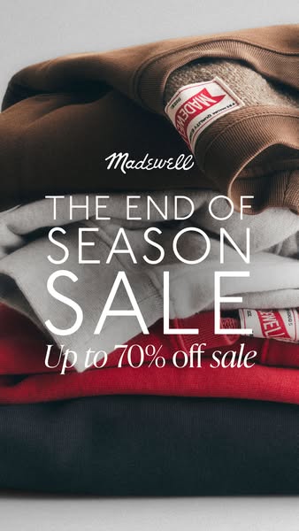 This image ad promotes Madewell's end-of-season sale, offering up to 70% off. It features a close-up stack of folded