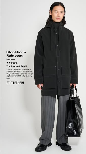 This ad features a full body shot of a person wearing the Stockholm Raincoat. A customer testimonial is included to high