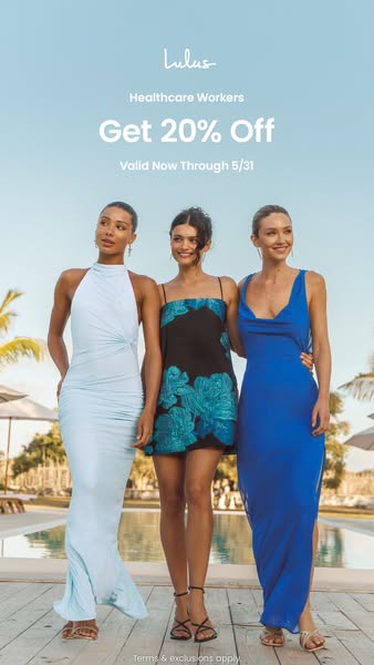 This image ad features three female models in dresses, promoting a 20% discount for healthcare workers at Lulus. The off