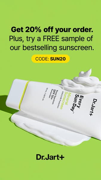 This ad for Dr.Jart+'s Every Sun Day Mineral Sunscreen promotes a limited-time offer of 20% off your order and a fre
