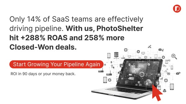 The image ad highlights the inefficiency of SaaS teams in effectively driving pipeline and offers PhotoShelter as a solu