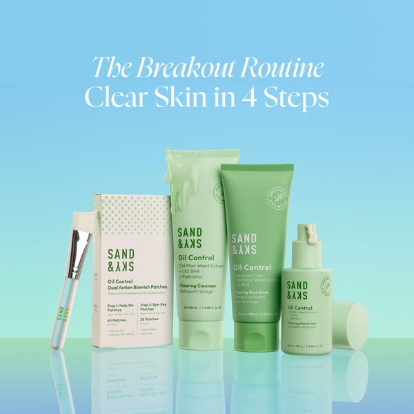 This ad features a lineup of Sand & Sky products to demonstrate a four-step breakout routine. The ad is visually foc