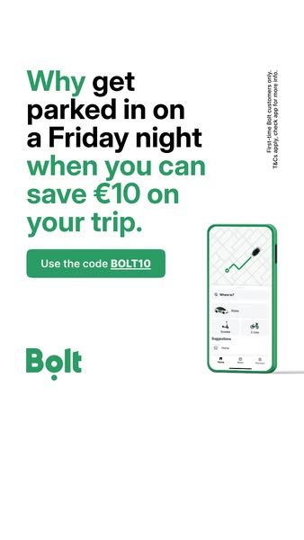 This ad promotes Bolt, a transportation service, by suggesting that users avoid the frustration of parking on a Friday n