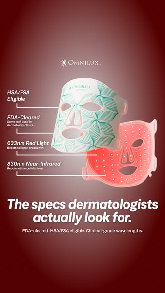 This ad showcases the Omnilux LED face mask, highlighting features like FDA clearance and specific wavelengths for colla