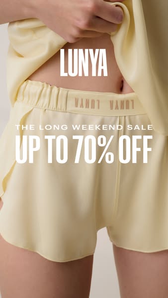 This ad for Lunya advertises a long weekend sale, offering up to 70% off. The image focuses on a person wearing Lunya sh