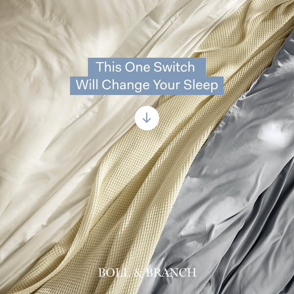 This image ad promotes Bolt & Branch bedding. The ad features different types of bedding like sheets, blankets, and 