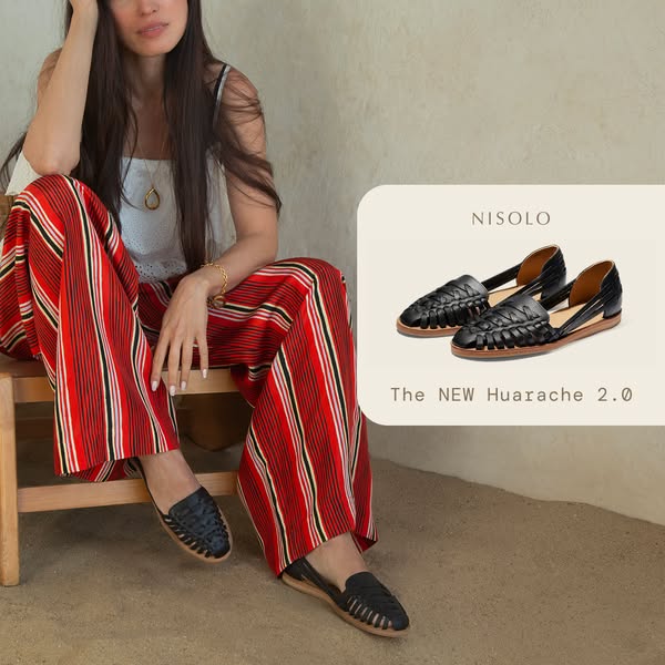 An ad showcasing Nisolo's 'The NEW Huarache 2.0' shoes. The ad features a model wearing the shoes in a casua