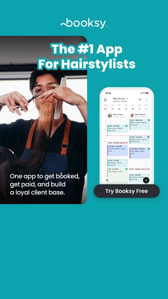 This ad is promoting the Booksy app to hairstylists as a way to get booked, get paid, and build a loyal client base.