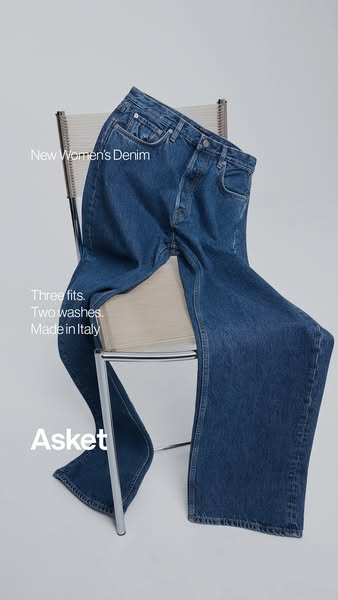 This ad showcases Asket denim jeans. The product is positioned as a high-quality garment that is available in three fits