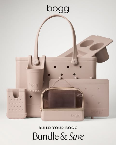 This ad showcases a collection of Bogg brand bags and accessories in a matching color. The ad encourages viewers to buil