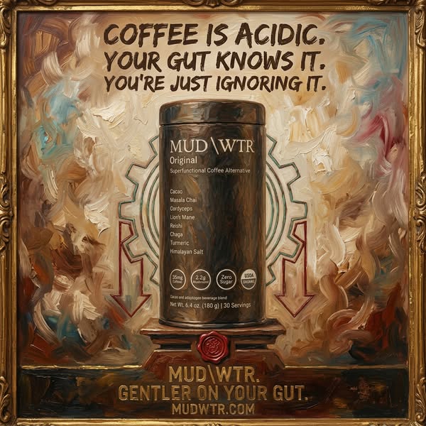 This image ad is for MUD\WTR, a superfunctional coffee alternative. The ad presents the problem that coffee is acidic an