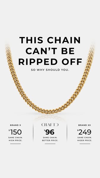 This ad showcases a gold chain, emphasizing its quality and affordability in comparison to competitors. It features the 