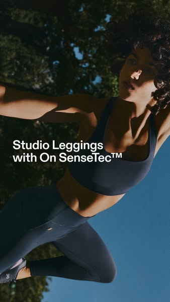 This ad showcases the On brand's Studio Leggings with On SenseTec™ and highlights their design.