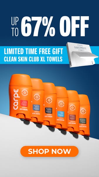 The image promotes Carpe antiperspirant products with a limited-time offer, presenting several deodorant sticks and high