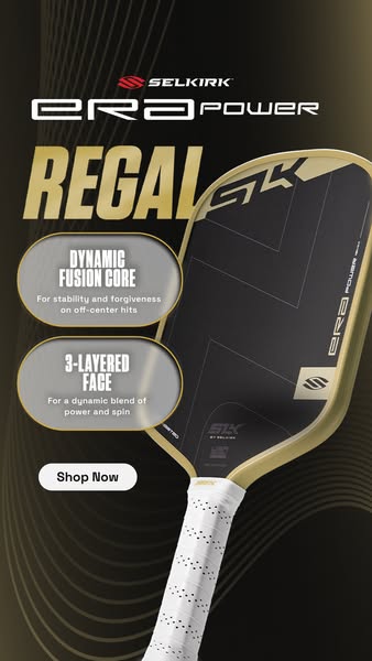 This ad showcases the Selkirk Era Power Regal pickleball paddle, highlighting its Dynamic Fusion Core for stability and 