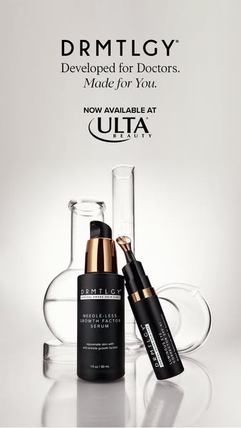 This ad showcases DRMTLGY products, highlighting their availability at Ulta Beauty and their development by doctors for 