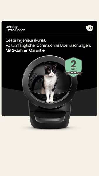 This ad promotes the Whisker Litter-Robot, highlighting its engineering and comprehensive protection with a 2-year warra