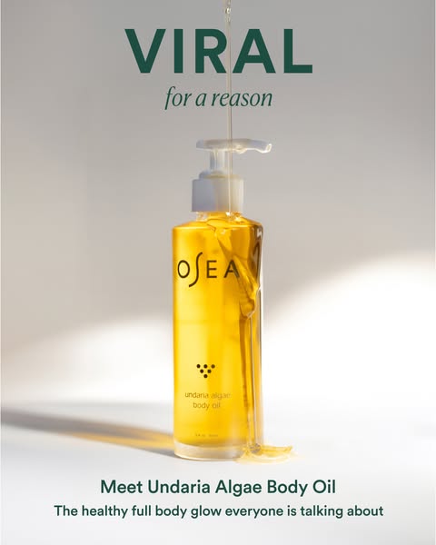 This image ad showcases OSEA's Undaria Algae Body Oil, emphasizing its popularity and promoting a healthy, full-body