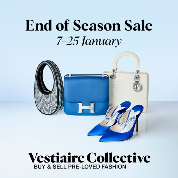 An image ad for Vestiaire Collective promoting their end-of-season sale. The ad features a variety of pre-loved luxury f