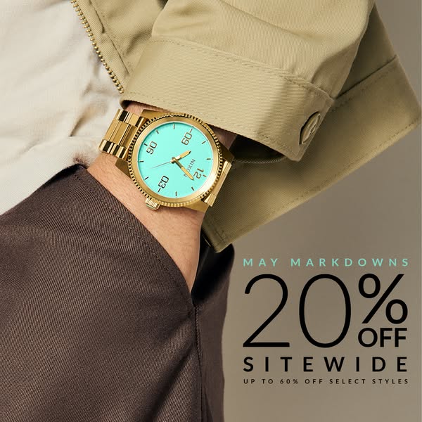 This image ad for Nixon features a gold watch with a turquoise face on a person's wrist. It advertises a 20% off sit