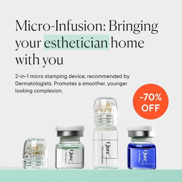 This image ad promotes Qure's micro-infusion device as a 2-in-1 micro stamping device recommended by dermatologists 
