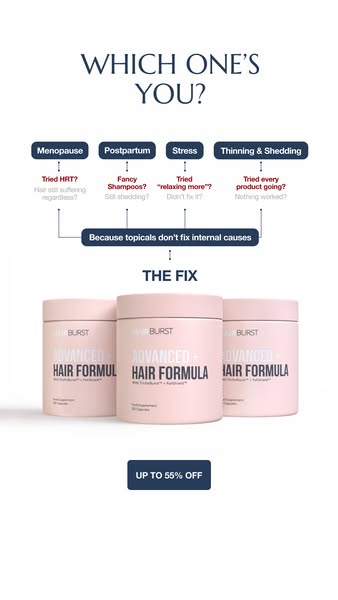 This ad by Hair Burst is targeting women who may be experiencing hair loss due to menopause, postpartum, stress, or thin