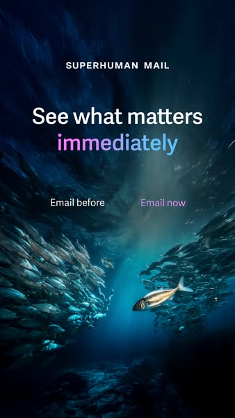 This ad for Superhuman Mail speaks to the pain of email overload. A photo of fish swimming in an overwhelming group is d