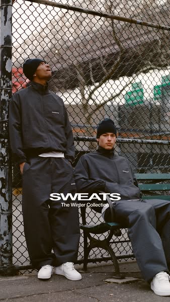 This ad features two men in matching sweatsuits, with text overlay promoting the winter collection.