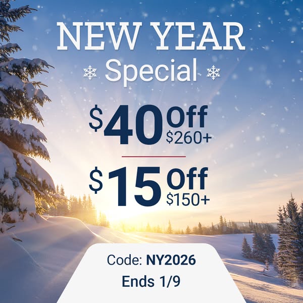 This ad promotes a New Year's special with discounts on purchases over a certain amount. It features a wintery lands
