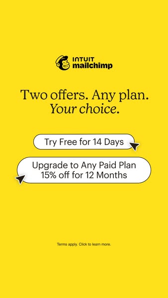 This image ad for Mailchimp promotes two offers: a free 14-day trial and 15% off for 12 months on any paid plan.