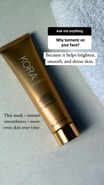 This ad features a Kora Organics Turmeric Brightening & Exfoliating Mask and promotes the product's ability to b