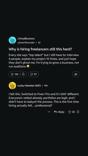 This ad shows a screenshot of a Reddit post from r/SmallBusiness, with a frustrated user detailing the difficulties of h